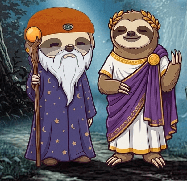 Two illustrated sloths: one in a star-patterned wizard robe and orange beanie holding a staff, the other in a white and purple toga wearing a gold laurel wreath.