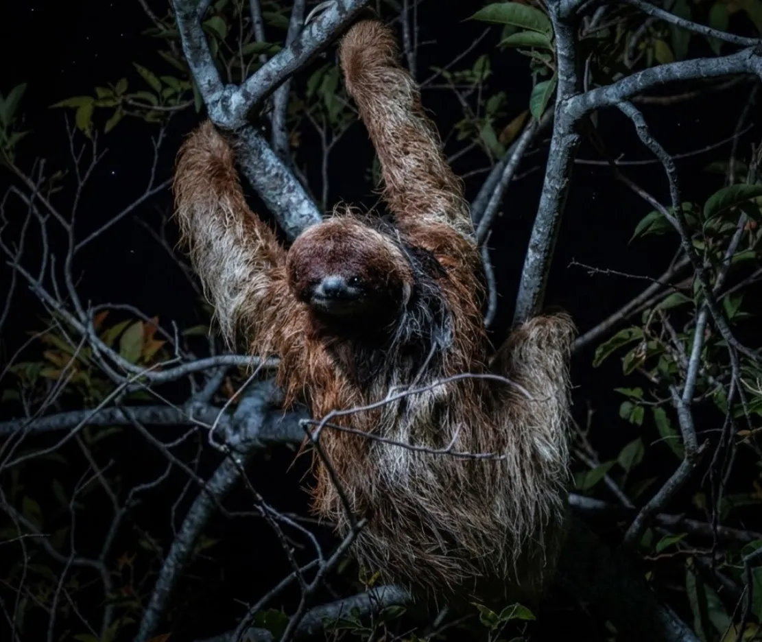 A wild maned sloth at night, fur wet, in a tree in Brazil's Atlantic Forest